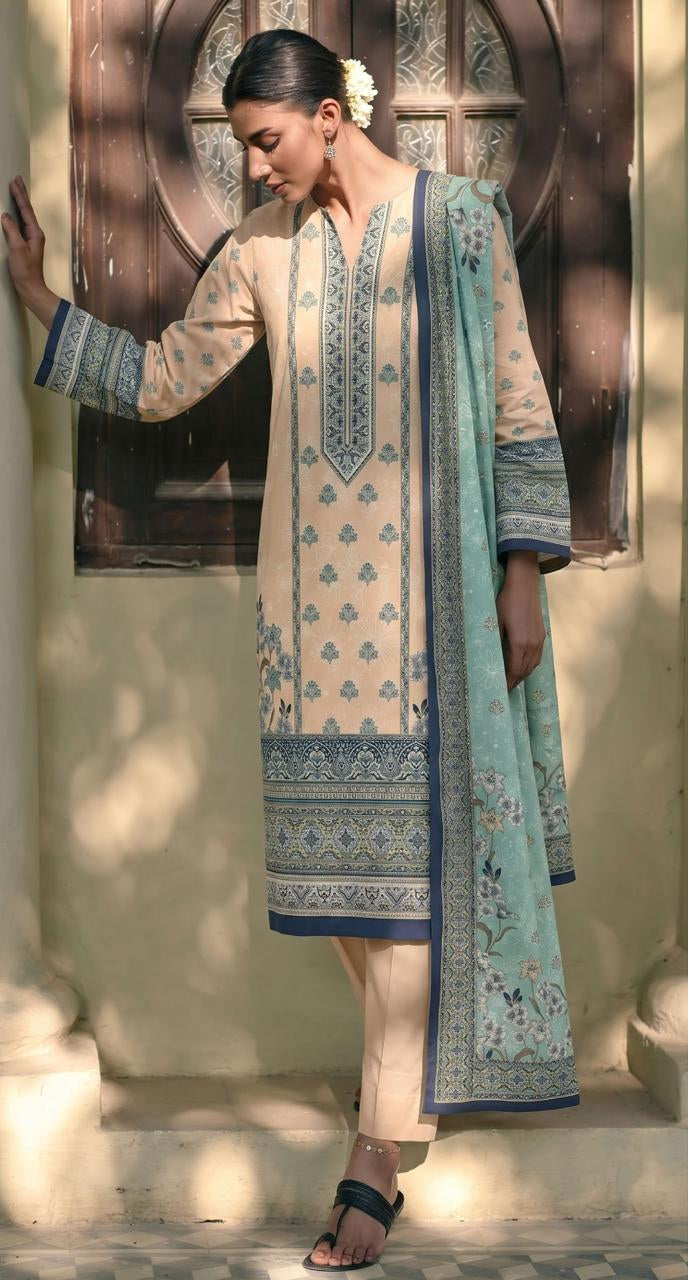 A model wearing a Gul Ahmed Summer Collection Earth Crust three-piece printed lawn suit, featuring a beige kurta with blue embroidery, a matching printed dupatta, and a digital printed vest, set against a rustic wooden door background with product details on the right.