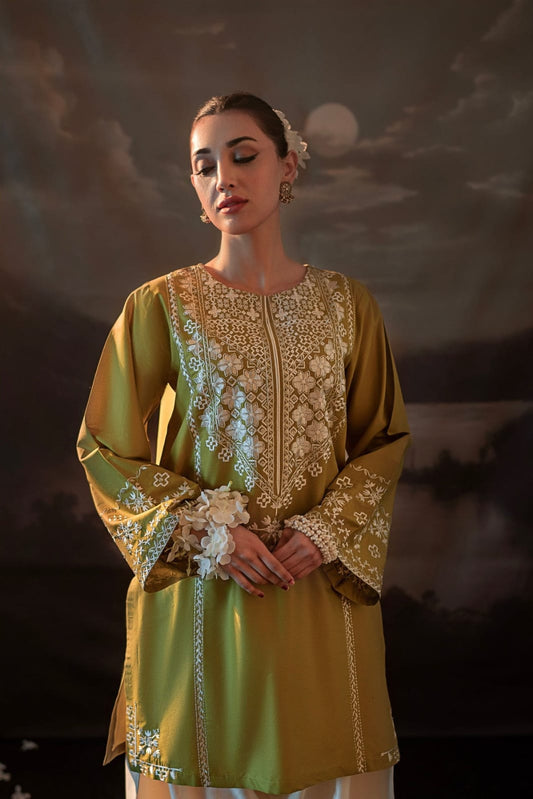 Urge Pret 2 Piece Mehandi Heavy Embroidered Lawn Suit for Women with Embroidered Trouser