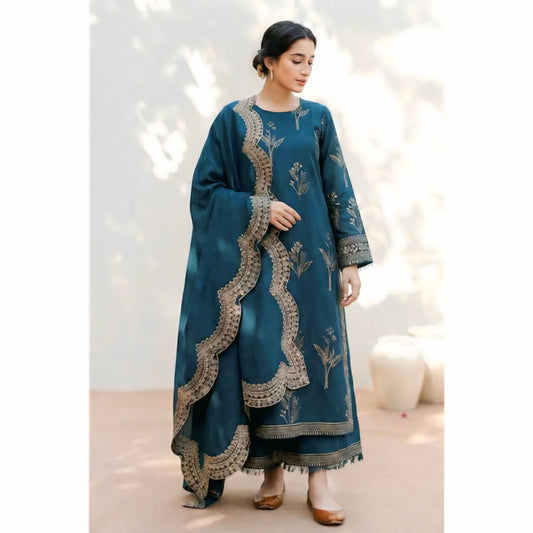 Premium Dhanak 3-Piece Embroidered Suit with Ready-to-Wear Shawl  NF 1302