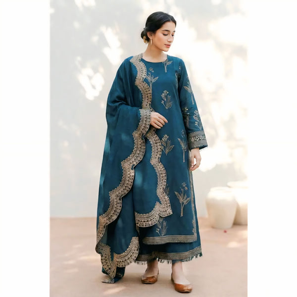Premium Dhanak 3-Piece Embroidered Suit with Ready-to-Wear Shawl  NF 1302