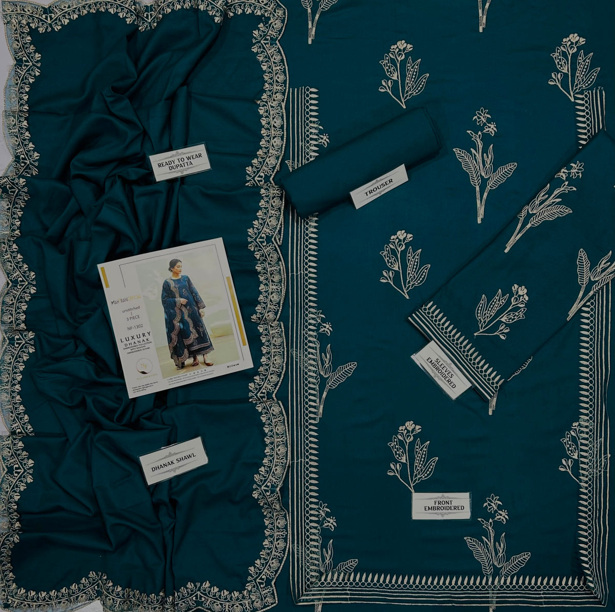 Premium Dhanak 3-Piece Embroidered Suit with Ready-to-Wear Shawl  NF 1302