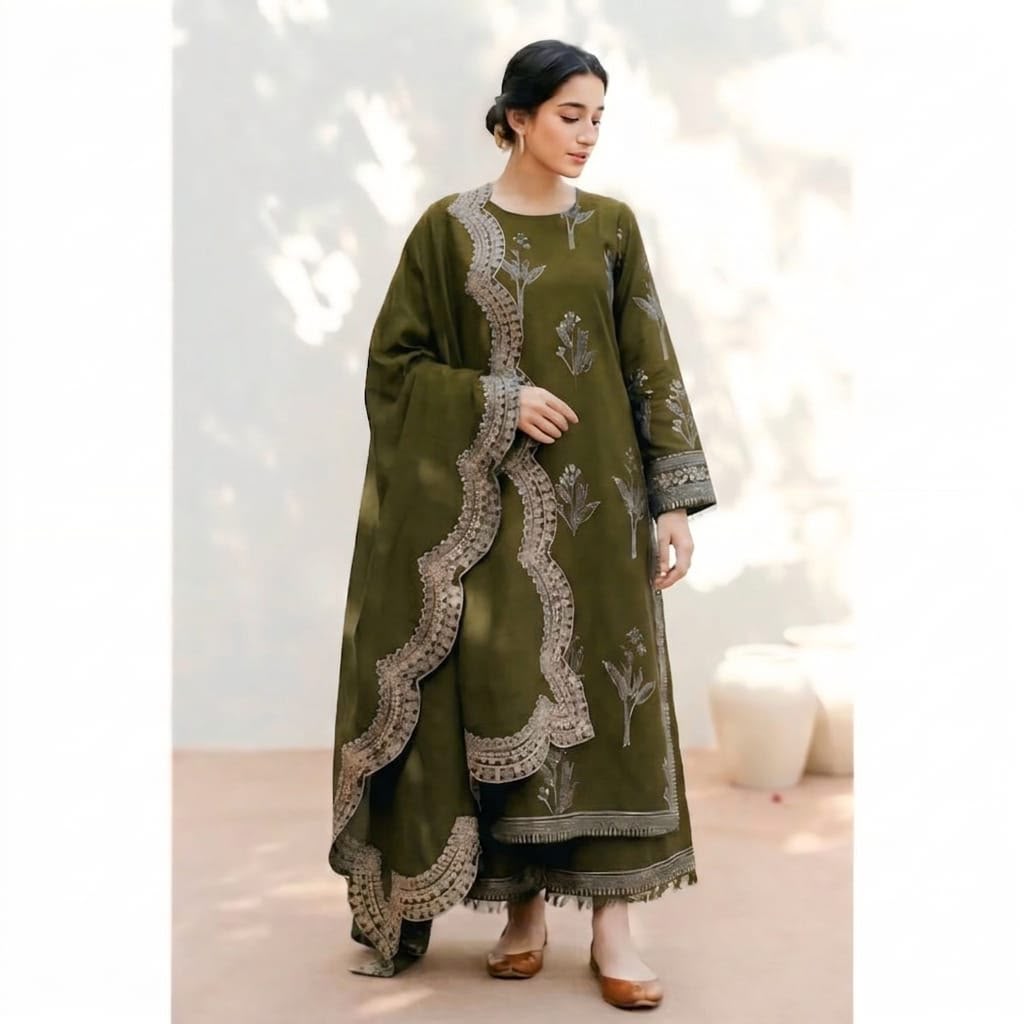 Premium Dhanak 3-Piece Embroidered Suit with Ready-to-Wear Shawl  NF 1303