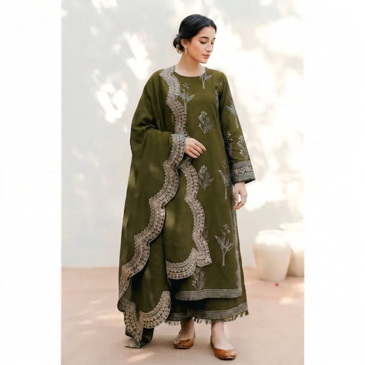 Premium Dhanak 3-Piece Embroidered Suit with Ready-to-Wear Shawl  NF 1303