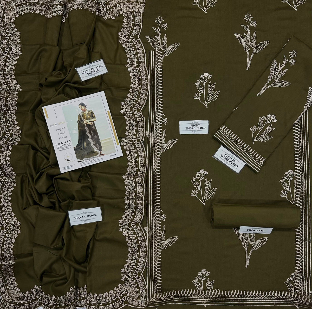 Premium Dhanak 3-Piece Embroidered Suit with Ready-to-Wear Shawl  NF 1303
